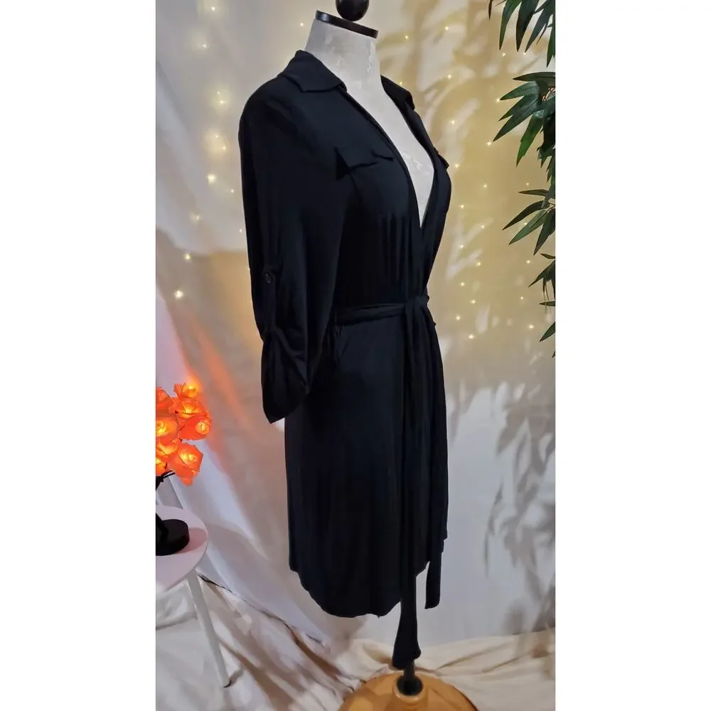 Soft Surroundings Black 3/4 Sleeve Tie Waist Pocket Wrap Dress Womens Size M